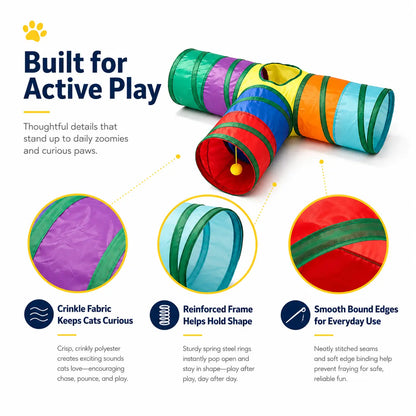 Collapsible Rainbow Cat Tunnel Toy, Interactive Crinkle Play Tube with Peek Hole for Kittens and Cats, Indoor Exercise and Hide-And-Seek Toy for Boredom Relief