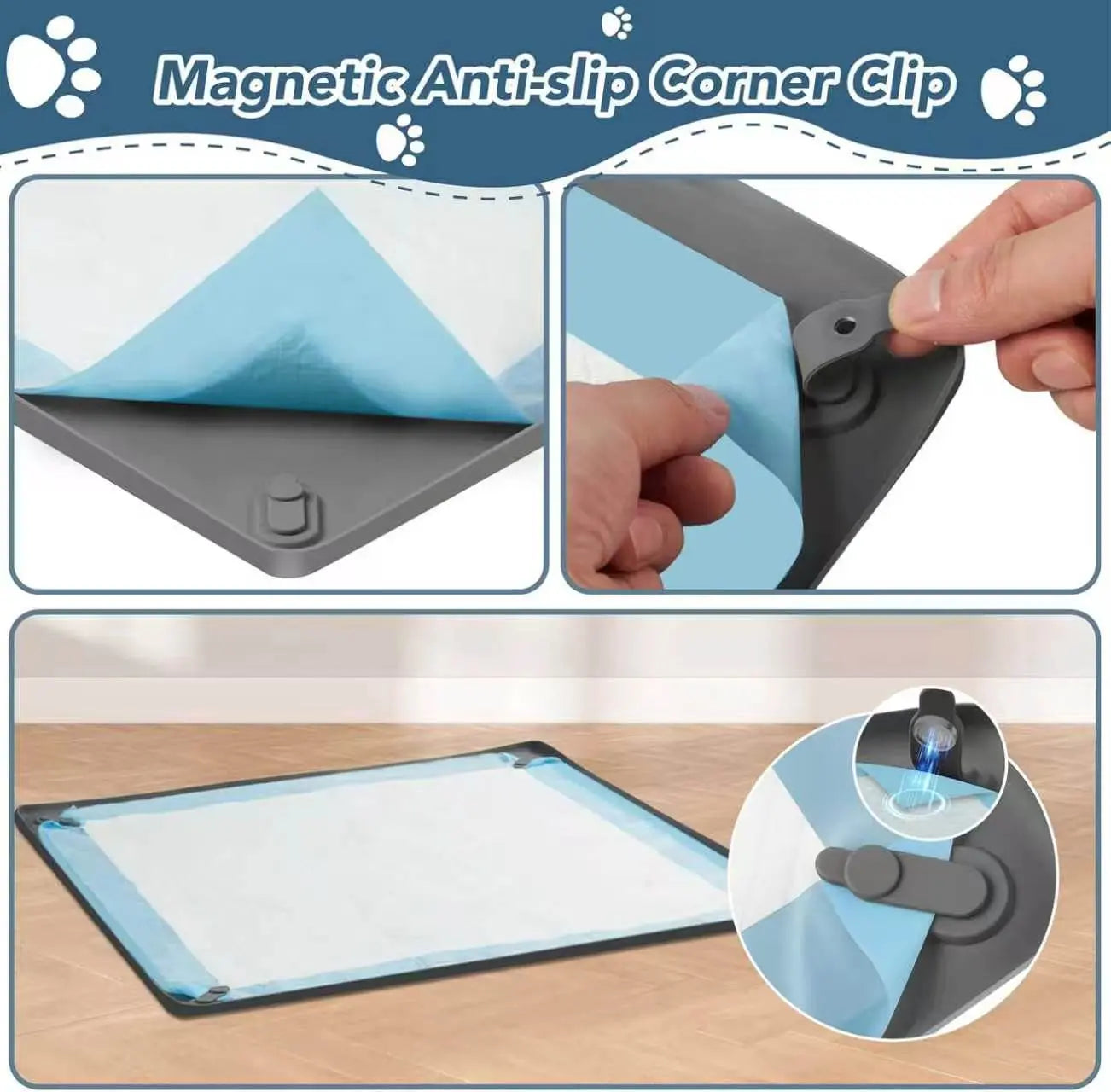 Pee Pad Holder for Dogs, Non-Slip Silicone Puppy Potty Training Tray with 4 Magnetic Clips & Leak-Proof Raised Edge, Dog Pee Pad Holder for Home Indoor Floor Protection, Puppy Essentials