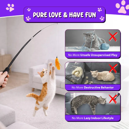 Interactive Cat Toy - Retractable Wand Toy and Feather Toys Refills for Indoor Cats to Chase and Exercise