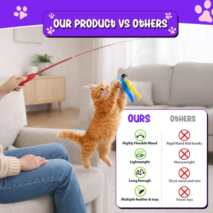 Interactive Cat Toy - Retractable Wand Toy and Feather Toys Refills for Indoor Cats to Chase and Exercise