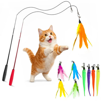 Interactive Cat Toy - Retractable Wand Toy and Feather Toys Refills for Indoor Cats to Chase and Exercise