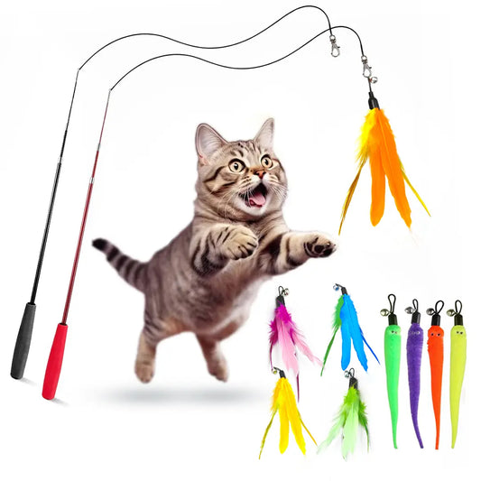 Interactive Cat Toy - Retractable Wand Toy and Feather Toys Refills for Indoor Cats to Chase and Exercise