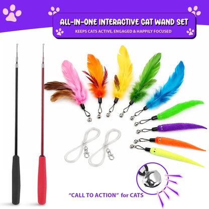 Interactive Cat Toy - Retractable Wand Toy and Feather Toys Refills for Indoor Cats to Chase and Exercise