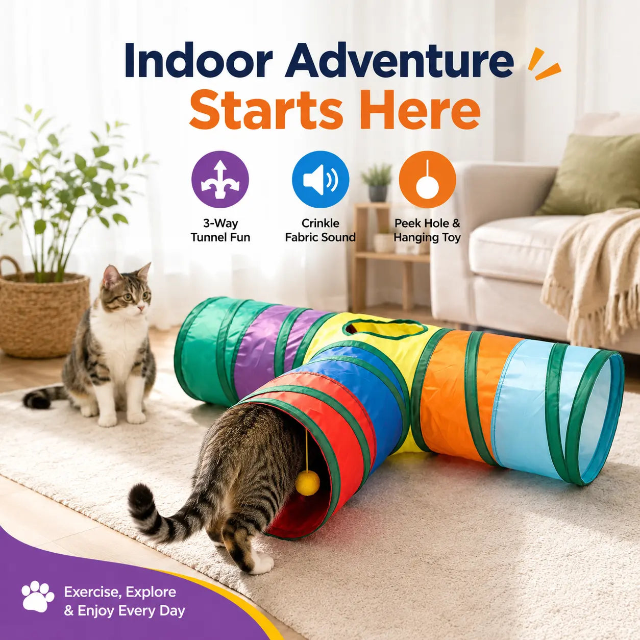 Collapsible Rainbow Cat Tunnel Toy, Interactive Crinkle Play Tube with Peek Hole for Kittens and Cats, Indoor Exercise and Hide-And-Seek Toy for Boredom Relief