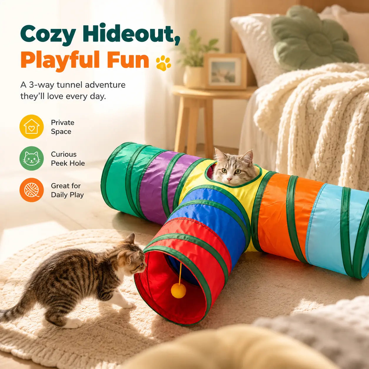 Collapsible Rainbow Cat Tunnel Toy, Interactive Crinkle Play Tube with Peek Hole for Kittens and Cats, Indoor Exercise and Hide-And-Seek Toy for Boredom Relief