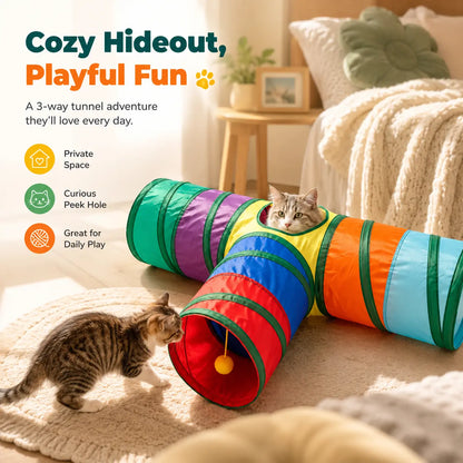 Collapsible Rainbow Cat Tunnel Toy, Interactive Crinkle Play Tube with Peek Hole for Kittens and Cats, Indoor Exercise and Hide-And-Seek Toy for Boredom Relief