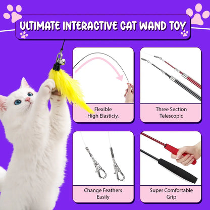 Interactive Cat Toy - Retractable Wand Toy and Feather Toys Refills for Indoor Cats to Chase and Exercise