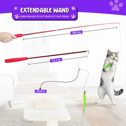 Interactive Cat Toy - Retractable Wand Toy and Feather Toys Refills for Indoor Cats to Chase and Exercise
